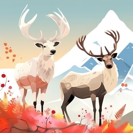 Two deer in the mountains. Vector illustration of a wild animal.の素材