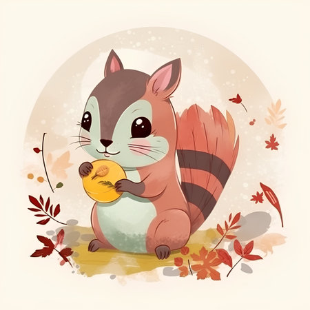 Cute squirrel with melon in hand drawn style. Vector illustration.の素材
