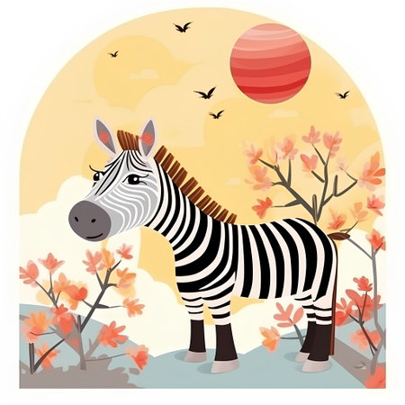 Zebra in the autumn forest with full moon. Vector illustration.の素材