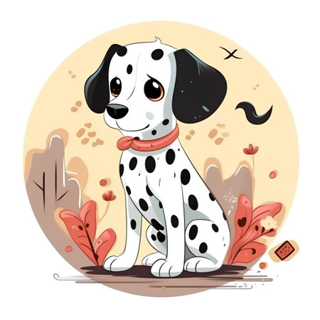 Dalmatian dog sitting in the garden, vector illustration.の素材