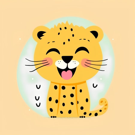 Cute cartoon leopard on a yellow background. Vector illustration.の素材