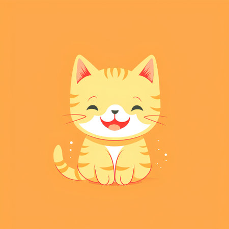 Cute cartoon cat on orange background. Vector illustration in flat style.の素材