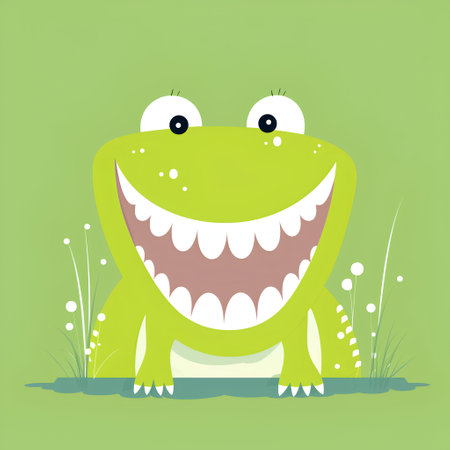 Funny cartoon frog on green background. Vector illustration in flat style.の素材