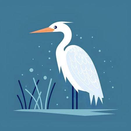 White heron. Vector illustration in flat style on blue background.の素材