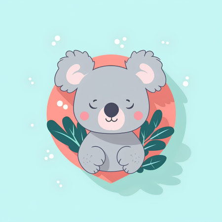 Cute cartoon koala with leaves. Vector illustration in flat style.の素材