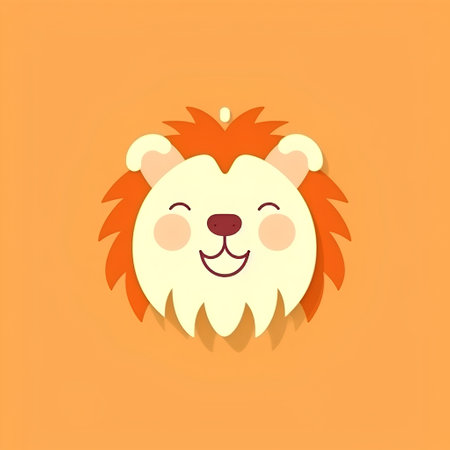 Cute cartoon lion icon. Vector illustration isolated on orange background.の素材