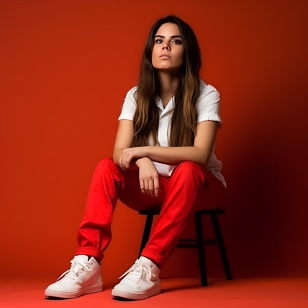 Portrait of a beautiful young woman in white shirt and red pantsの素材