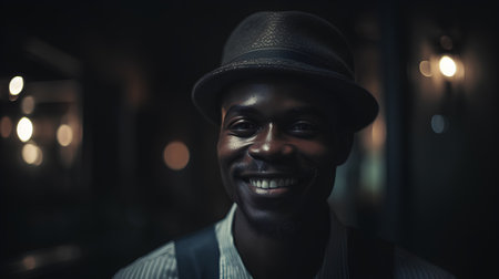 Portrait of a smiling african american man in a hatの素材