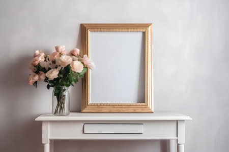 Photo frame on a white chest of drawers with a vase of flowersの素材