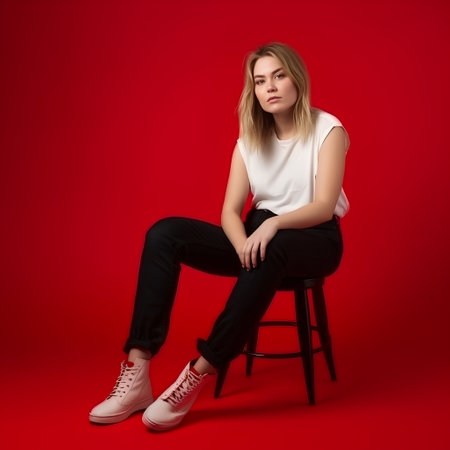 young woman sitting on a chair on a red background. Studio shotの素材