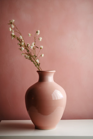 Vase with gypsophila flowers on white table and pink wallの素材