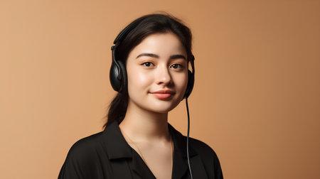 Beautiful asian call center operator in headset, isolated on brown backgroundの素材
