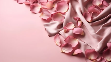Rose petals on pink satin fabric background with copy space.の素材