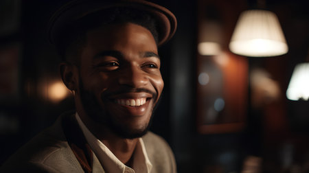 Handsome african american man in a hat smiling.の素材