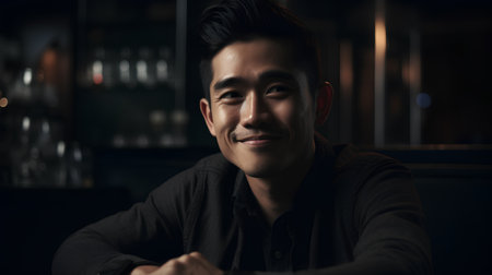 Portrait of handsome asian man sitting in bar and smiling.の素材