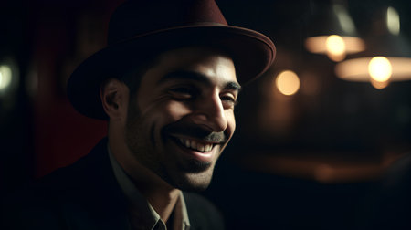 Portrait of a smiling man in a hat in a cafe.の素材