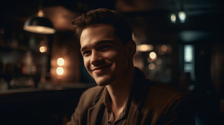 Handsome young man in casual clothes smiling and looking at camera while sitting in a pub.の素材