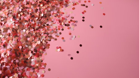 Red confetti on a pink background. Festive concept. Place for text.の素材