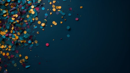 Colorful confetti on dark blue background with copy space for textの素材