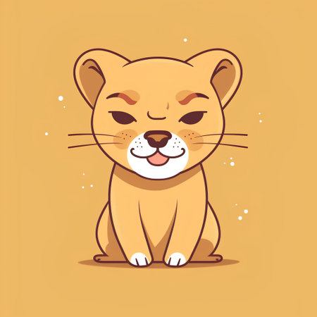 Cute cartoon lioness on a yellow background. Vector illustration.の素材