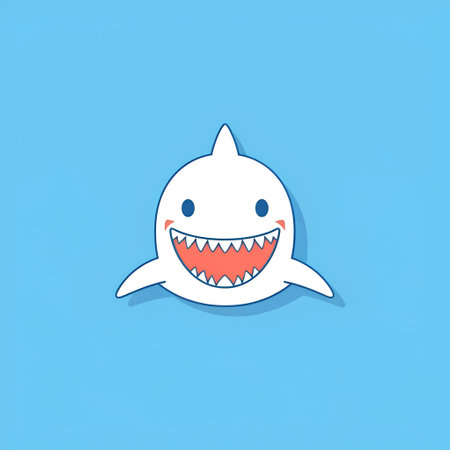 Cute shark vector icon on blue background. Funny cartoon character illustration.の素材