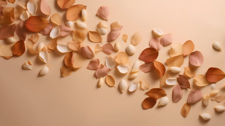 Autumn composition. Rose petals on beige background. Flat lay, top view, copy spaceの素材
