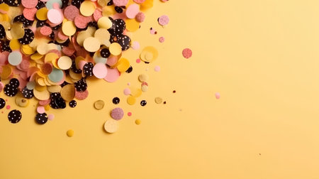 Colorful confetti on yellow background. Flat lay, top viewの素材