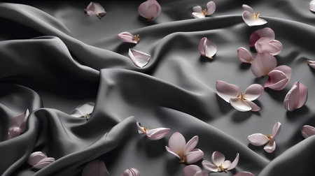 Black satin background with petals of flowers. 3d renderingの素材