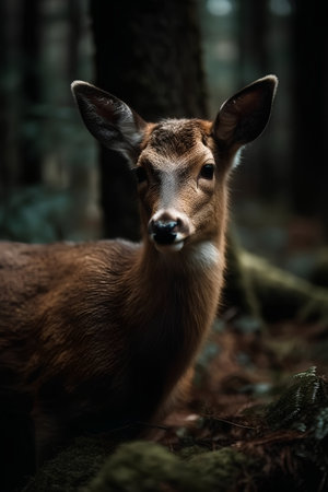 Portrait of a deer in a dark forest, looking at cameraの素材