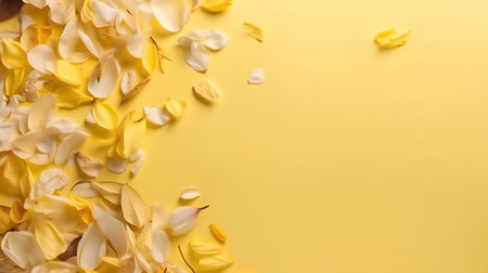 Yellow petals and rose petals on yellow background with copy spaceの素材