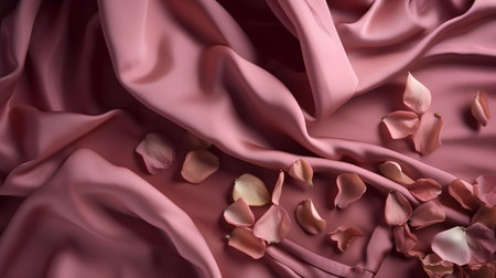 Pink satin background with rose petals. 3d render illustrationの素材