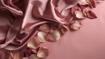 pink satin fabric with rose petals as background, top viewの素材