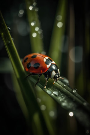 ladybug on grass blade with dew drops macro close upの素材