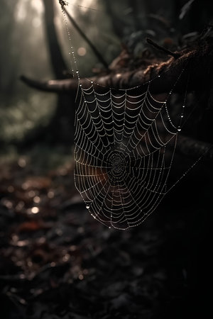 spider web with dew drops in the misty forest.の素材