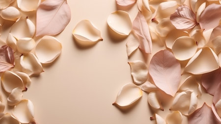 pink and beige rose petals on a beige backgroundの素材
