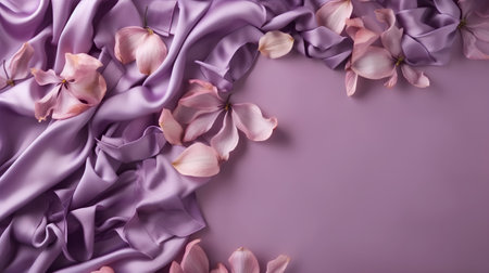 Purple satin background with petals and rose petals.の素材