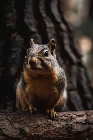 Squirrel sitting on a tree trunk looking at the camera with big eyesの素材