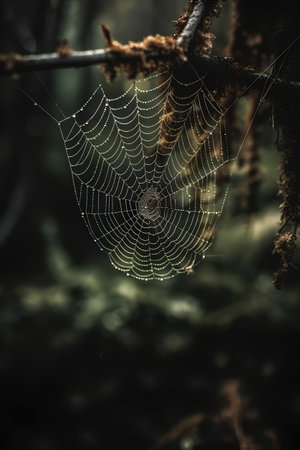 Spider web with dew drops in the forest. Nature background.の素材