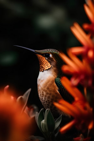 Ruby-throated Hummingbird (archilochus colubris) perched on orange flowersの素材