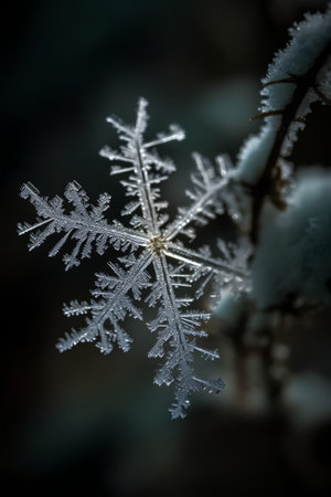 Snowflakes on a tree branch in the winter forest. Macroの素材