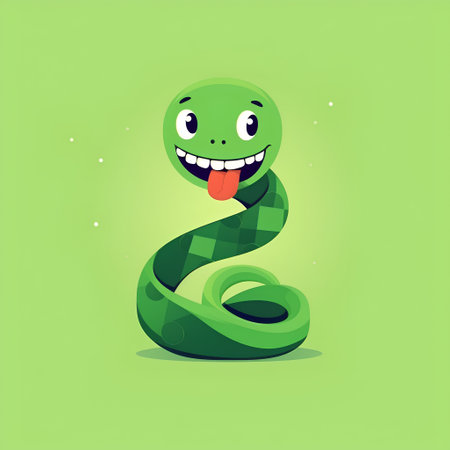Cute cartoon snake character. Vector illustration isolated on green background.の素材