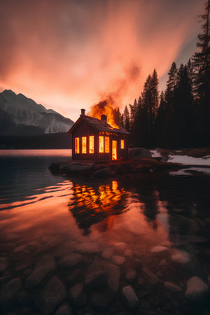 Beautiful sunset over Lake Braies in Dolomites, Italyの素材