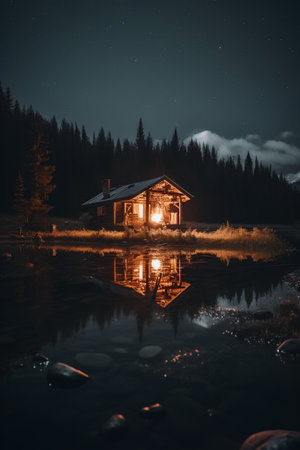Beautiful wooden house on the lake at night in the mountains.の素材