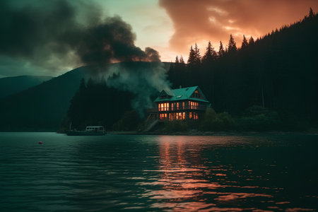 Beautiful landscape with a lake in the mountains and a cottage at sunsetの素材