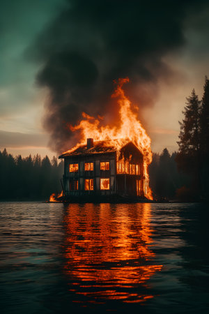 Burning house on the lake at sunset, Karelia, Russiaの素材