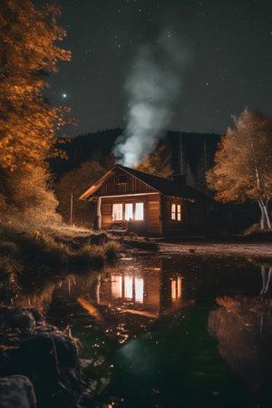 Wooden house on the bank of the river at night in the forest.の素材