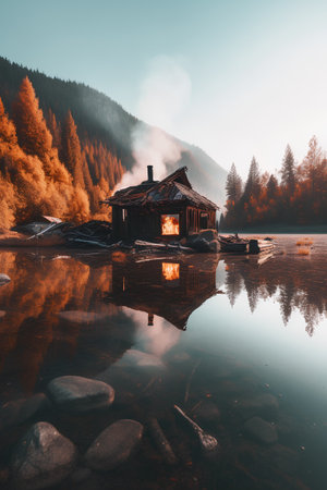 Wooden house on the shore of a mountain lake in the Carpathian Mountains.の素材