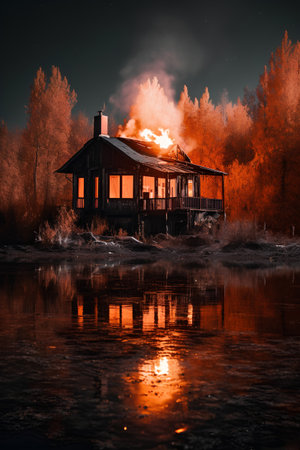 Burning house on the background of the forest and the lake.の素材