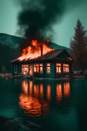 Burning house on a lake in the mountains. The concept of ecological disaster.の素材