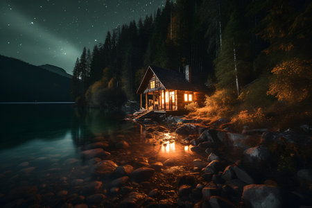 Wooden house on the shore of lake in the mountains at nightの素材
